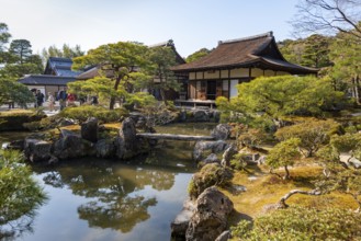 Artfully designed Japanese garden with pond and togudo, sun star, jisho-ji or ginkaku-ji, Zen