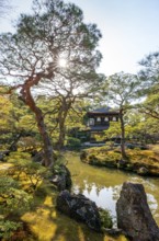 Artfully designed Japanese garden with pond and silver pavilion ginkaku, sun star, jisho-ji or