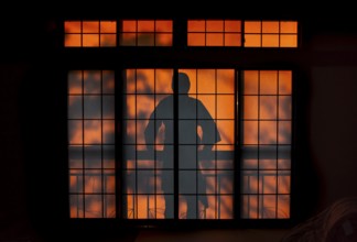 Shadows of a man on the balcony behind a sliding shoji door in a traditional Japanese house,