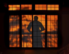 Shadows of a man in kimono, on the balcony behind sliding shoji doors in a traditional Japanese