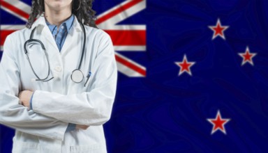 Medical professional on New Zealand flag. Healthcare and wellness in New Zealand, Concept
