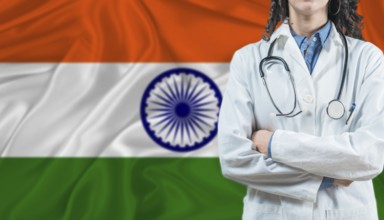 Medical professional on India flag. Healthcare and wellness in India, Concept