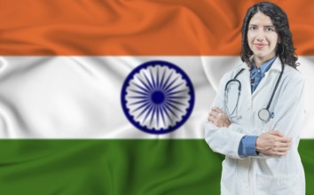 Indian medicine and healthcare concept. Doctor close up against India flag background
