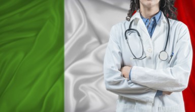 Medical professional on Italy flag. Healthcare and wellness in Italy, Concept