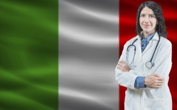 Italian medicine and healthcare concept. Doctor close up against Italy flag background