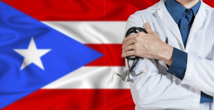 Puerto Rican healthcare concept. Doctor with stethoscope on Puerto Rico flag. Doctor holding