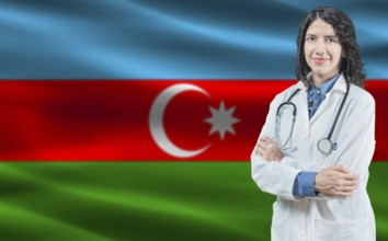 Azerbaijani medicine and healthcare concept. Close up of doctor against Azerbaijan flag background