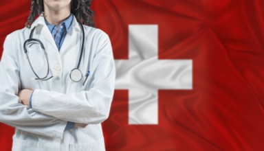 Medical professional on Switzerland flag. Healthcare and wellness in Switzerland, Concept
