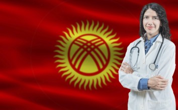 Kyrgyz medicine and healthcare concept. Close up of doctor against Kyrgyzstan flag background