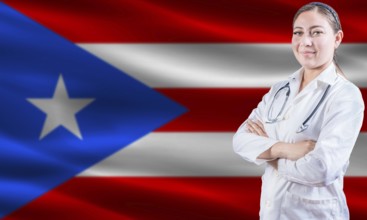 Female doctor on Puerto Rico flag. Doctor with crossed arms on Puerto Rico flag. Puerto Rican