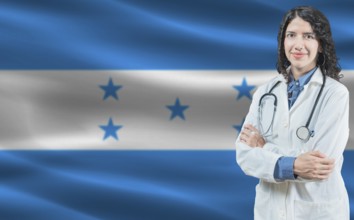 Honduran medicine and healthcare concept. Close up of doctor against Honduras flag background
