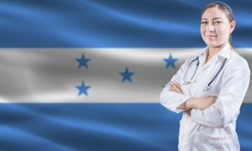 Female doctor on Honduras flag. Doctor with crossed arms on Honduras flag. Honduran health and care