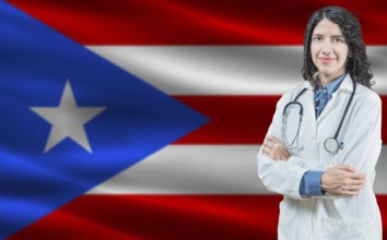 Puerto Rican medicine and healthcare concept. Close up of doctor against Puerto Rico flag