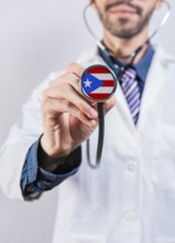 Puerto Rico health and medical insurance concept. Puerto Rico healthcare system, doctor holding