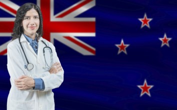 New Zealander medicine and healthcare concept. Close up of doctor against New Zealand flag