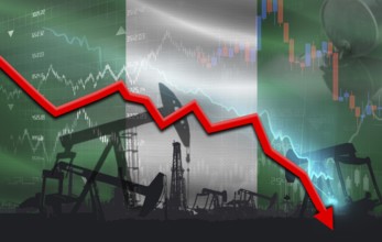 Crude crisis with Nigerian flag on financial graph. Fall oil price with flag of Nigeria on economic