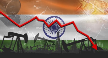 Fall oil price with India flag on economic chart. Petrol crisis with India flag on financial graph