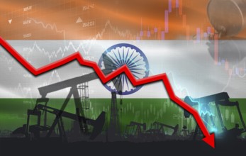 Crude crisis with Indian flag on financial graph. Fall oil price with flag of India on economic