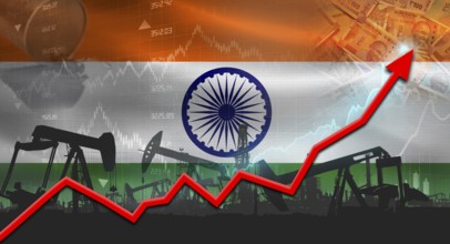 Growth of oil industry with Indian flag. Oil pumps with Indian flag. Oil production with India flag