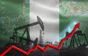 Oil production with Nigeria flag, petrol industry. Oil pumps with Nigerian flag
