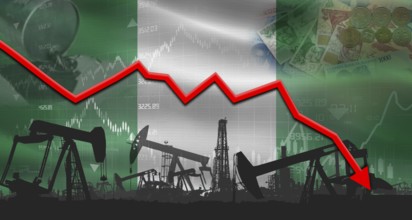 Fall oil price with Nigerianflag on economic chart, Petrol crisis with Nigerian flag on financial