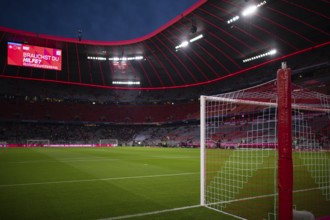 Overview, total, evening game, floodlights, goal, scoreboard, grandstand, blue hour, Allianz Arena,