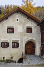 Sgraffiti on Engadin house, historic houses, Guarda, Engadin, Graubünden, Switzerland