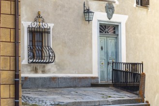 House entrance, Gengadin houses, historic houses, Guarda, Engadin, Graubünden, Switzerland