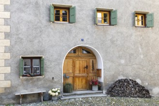 Engadin house, doors, windows, historic houses, Guarda, Engadin, Graubünden, Switzerland