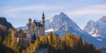 Neuschwanstein Castle is perched on a hill in front of snow-covered mountains, surrounded by