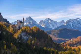 Neuschwanstein shimmers in front of the majestic Alps in a colorful autumn landscape, Schwangau