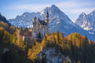 Neuschwanstein Castle is nestled in an autumn landscape with a mountainous background, Schwangau