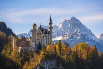 The picturesque Neuschwanstein Castle between autumnal forest and dramatic snowy mountain ranges of