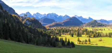 Panoramic picture, vast green landscape with Neuschwanstein Castle and snow-capped mountains in the