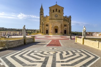 View of graphically designed forecourt of Sanctuary National Shrine Madonna Ta' Pinu Basilica in