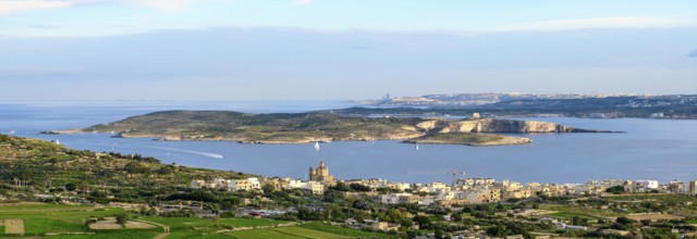 Panoramic view of three islands in the Mediterranean from the state of Malta in front island of