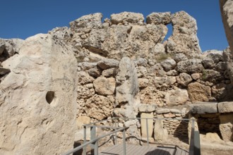 View of remains of chamber room and wall in Ggantija temple, UNESCO World Heritage Site, Gozo,