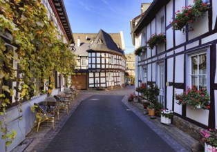 Enge gasse with half-timbered houses in the old town of Unkel, Rotweinstadt, Neuwied district,