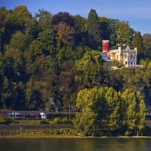 Marienfels Castle with Rhine and regional train from National Express Rhine, Remagen,