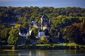 Catholic church of St. Peter and Paul in Remagen with the river Rhine at kilometer 634,