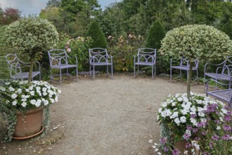 Quiet garden with purple chairs, surrounded by trees and flowering plants, Kreislehrgarten