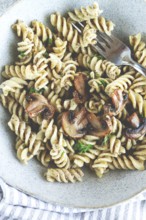 Fusilli pasta, in creamy mushroom sauce, pasta with mushrooms, homemade, no people