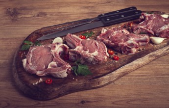 Raw calf meat, meat on the bone, meat for barbecue, cutting board, with spices and herbs, top view