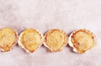 Scallop, baked in shells, with cheese and spices, on the table, homemade
