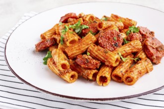 Rigatoni pasta with spicy sausage, and rich tomato sauce served, on a white plate, homemade
