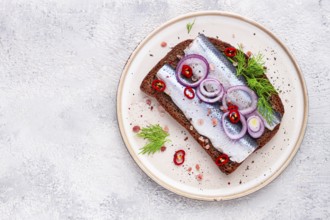 Sandwiches, Herring fish, on dark rye bread, sprinkled with onion, chili pepper and herbs, on a