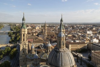 Rooftops of cathedral church Basilica of Our Lady of the Pillar, city centre of Zaragoza, Aragon,