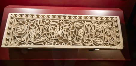 Ornate craved Moorish stonework on display, Aljafería Palace, Zaragoza, Aragon, Spain