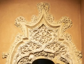 Ornate doorway detail in the Throne Room from time of the Catholic monarchs, Aljafería Palace,