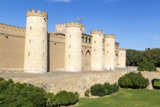 Historic walls fortifications of Aljafería Palace, Palacio de la Aljafería, Zaragoza, Aragon, Spain
